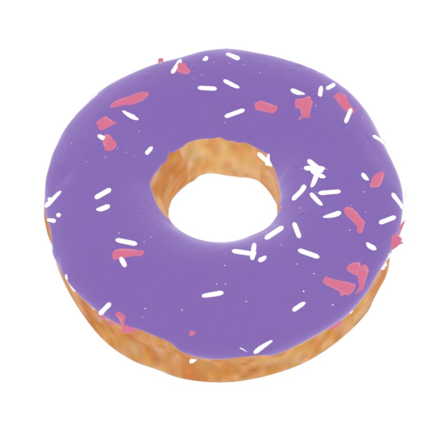 State what you notice at the pointed location in the 3D representation.
              [sep] A donut with pink icing and sprinkles.